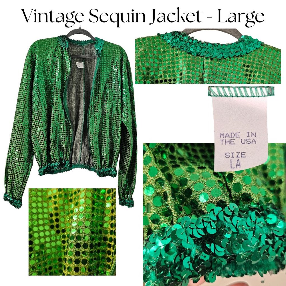 Vintage Green Sequin Bomber Jacket - Large, 1980s, Halloween, Dance